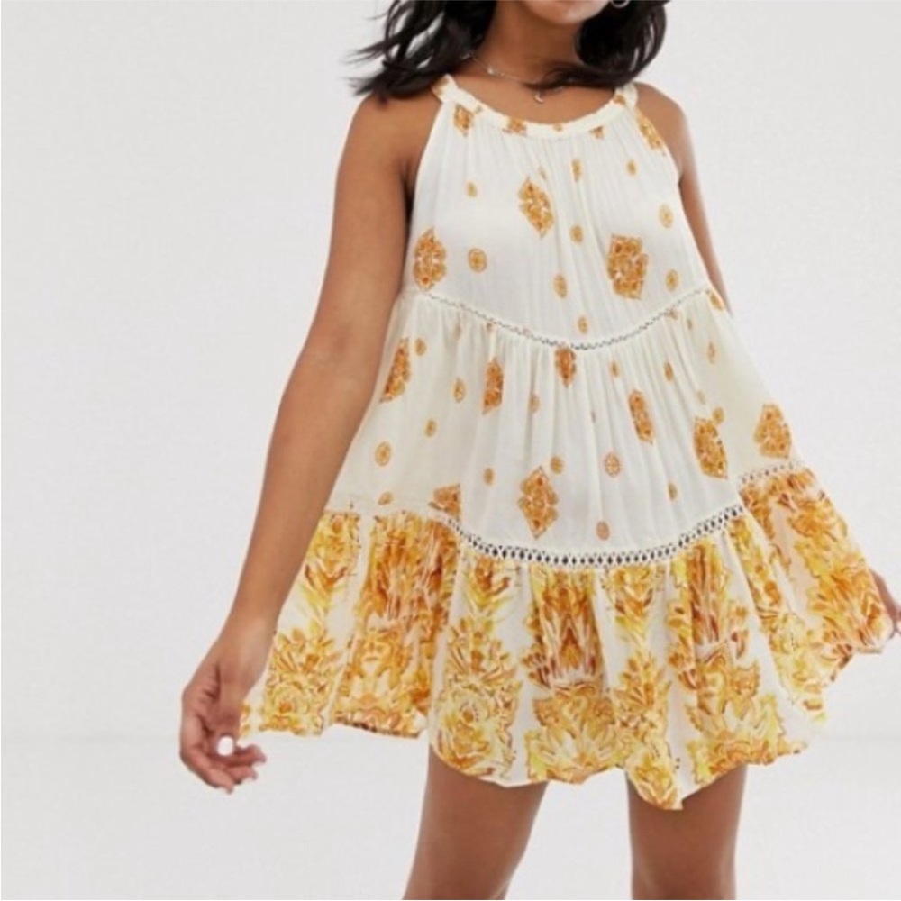Free People Tea Yellow Gold Floral Mini Slip Dress